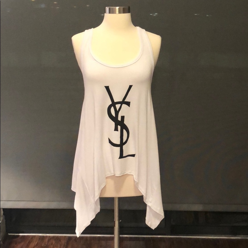White YSL screen print tank beach cover up